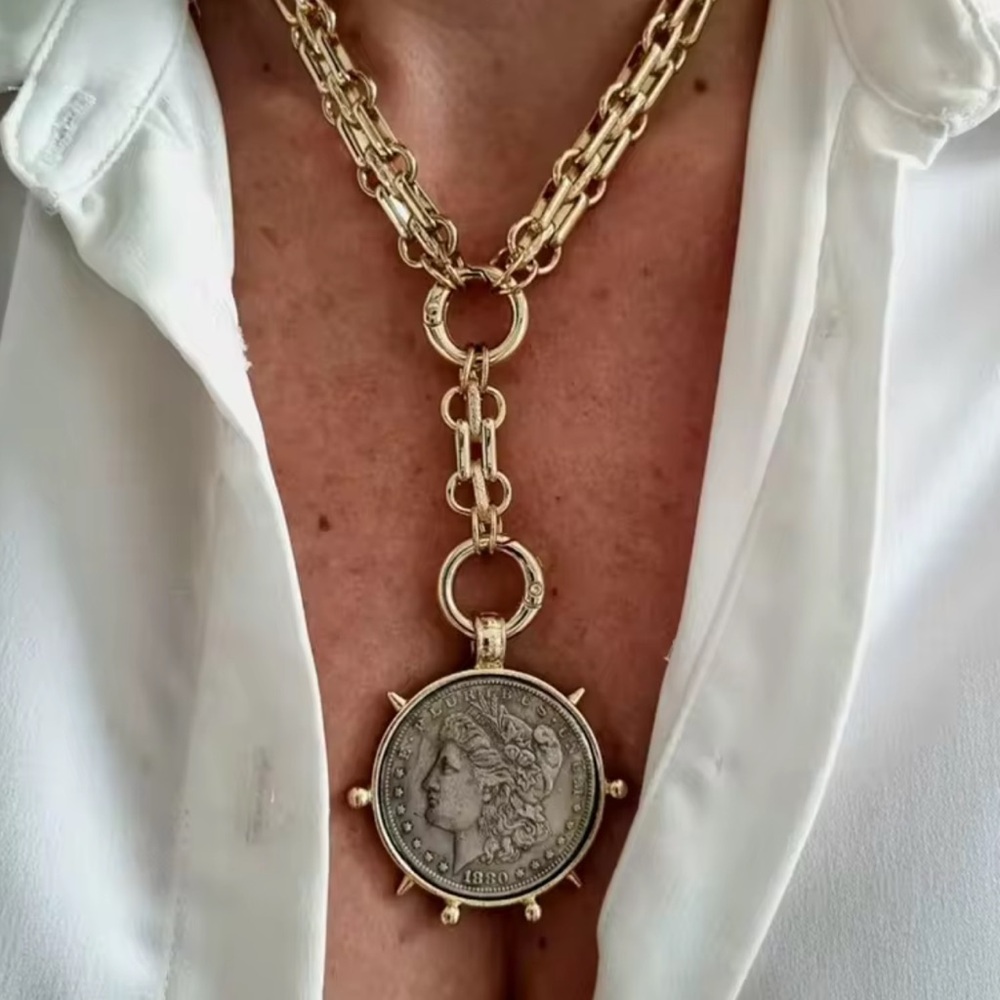 Vintage Gold 1880 Coin Statement Necklace Y Lariat - Picture 4 of 7